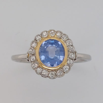 Art Deco French 1ct Sapphire and Diamond Cluster Ring