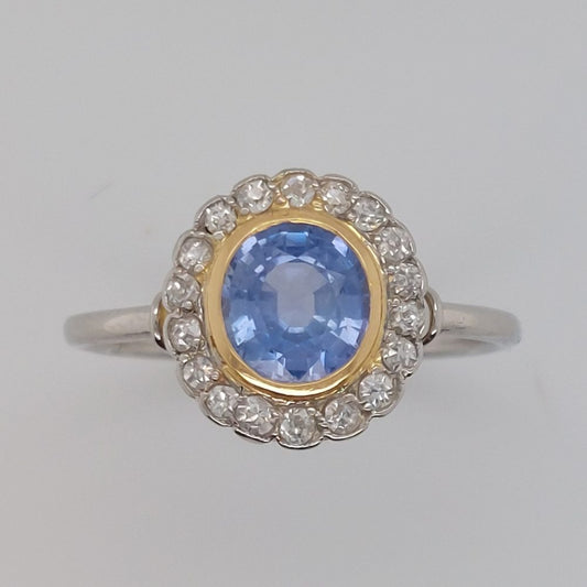 Art Deco French 1ct Sapphire and Diamond Cluster Ring