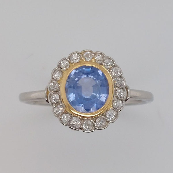 Art Deco French 1ct Sapphire and Diamond Cluster Ring