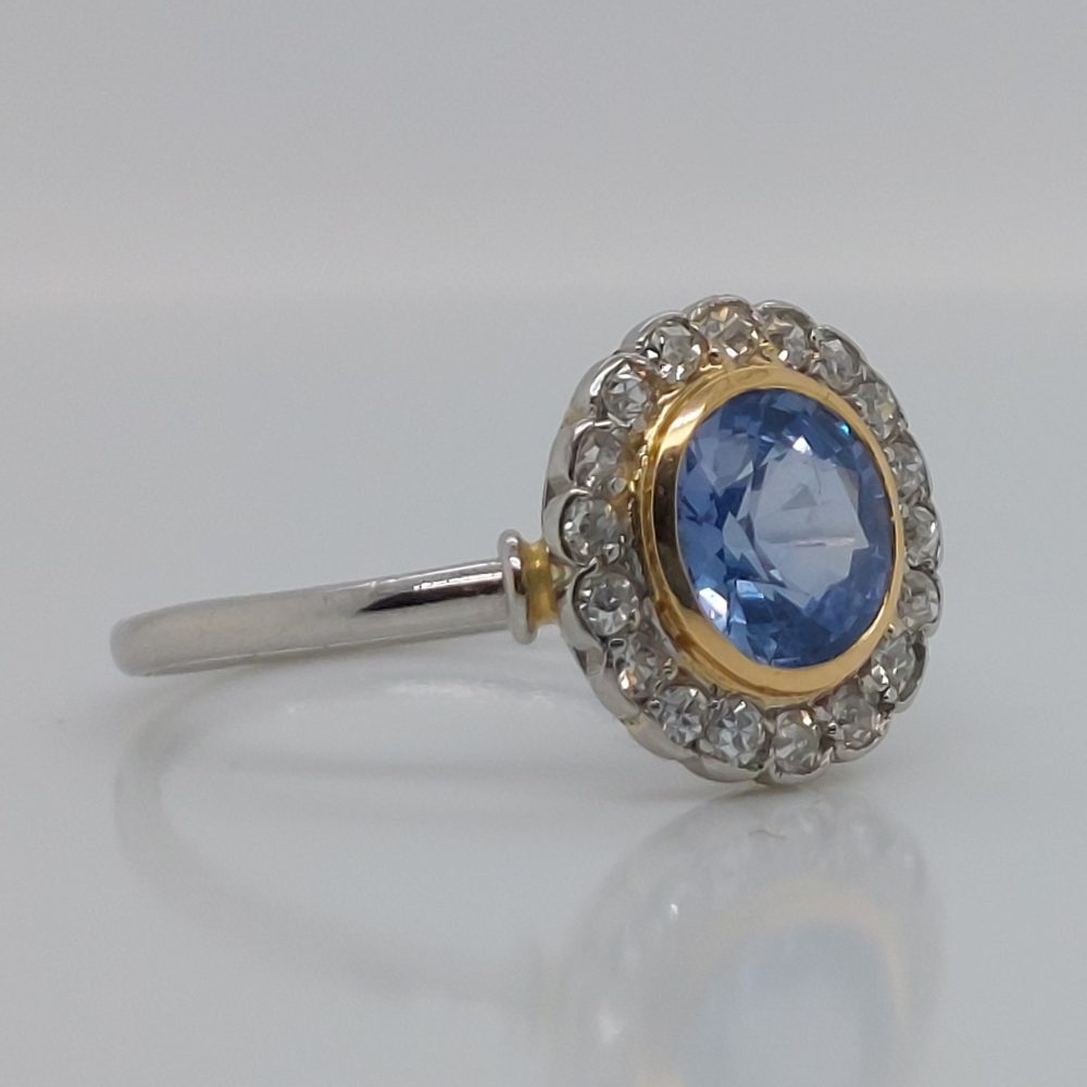 Art Deco French 1ct Sapphire and Diamond Cluster Ring