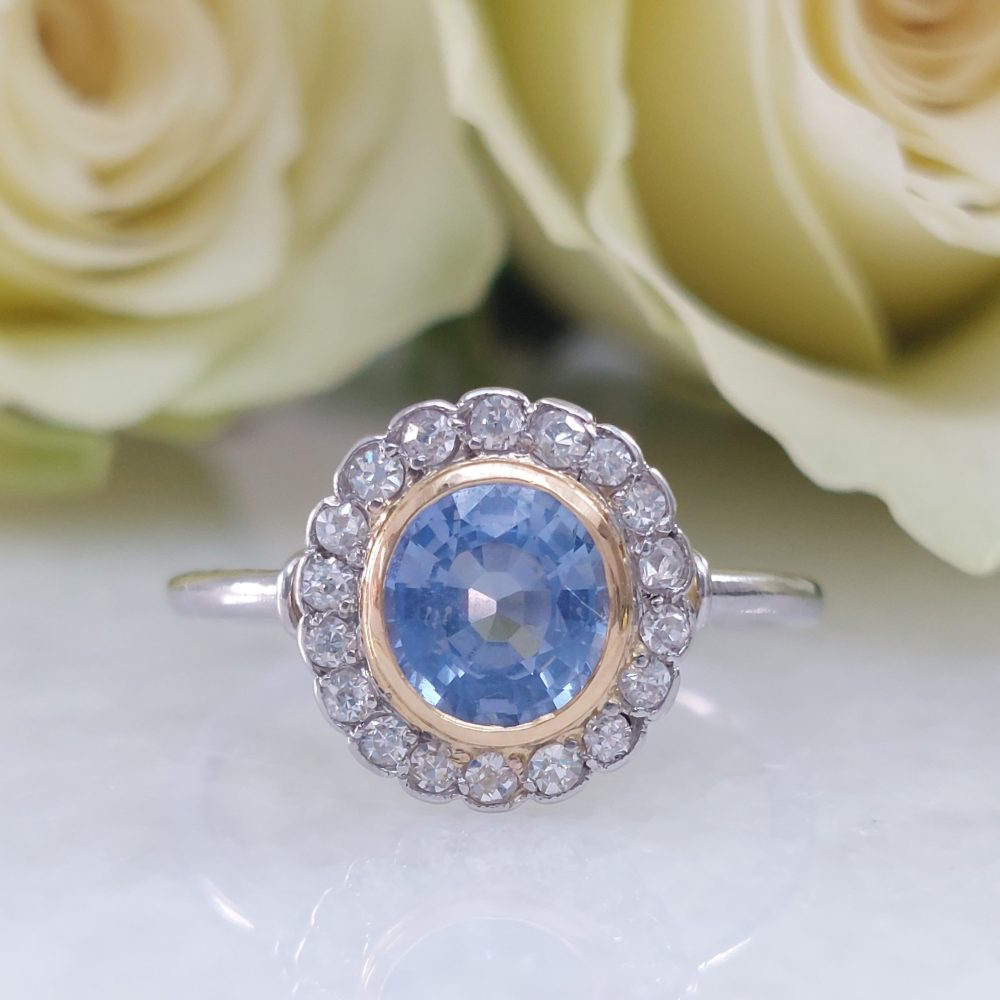 Art Deco French 1ct Sapphire and Diamond Cluster Ring