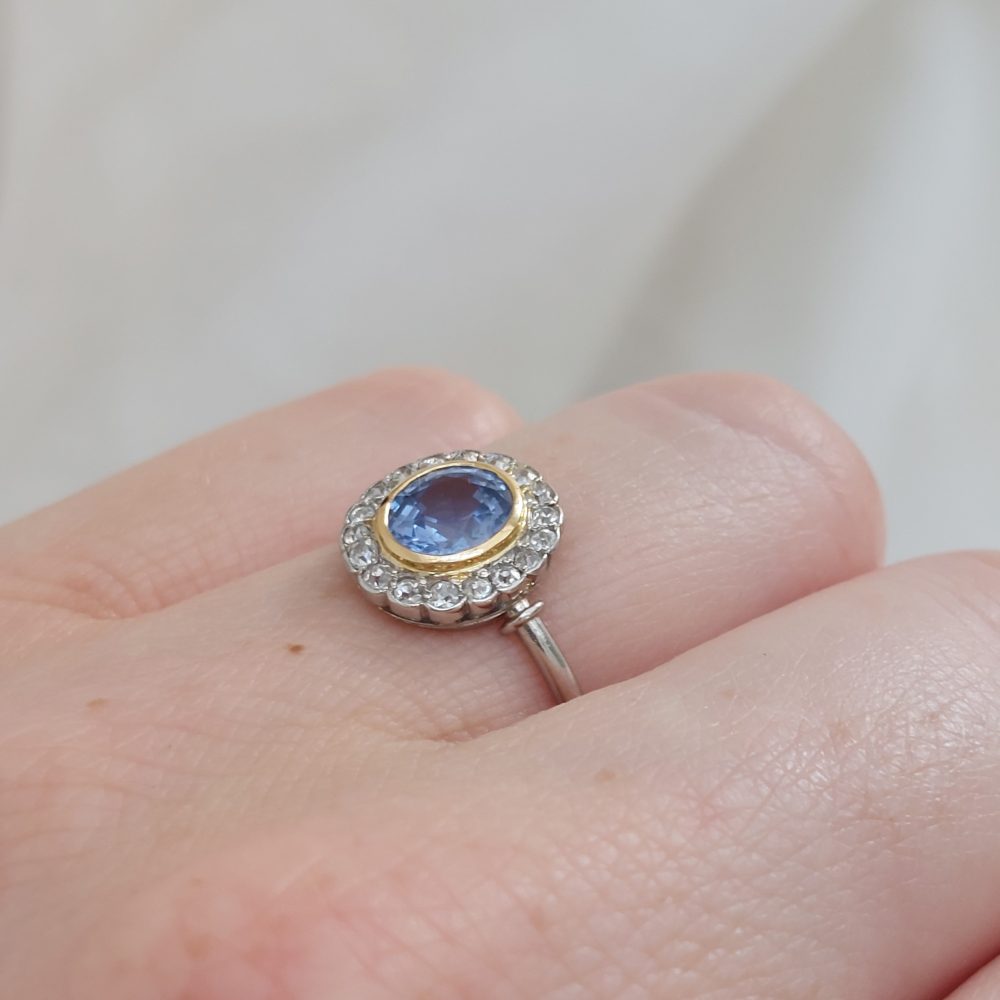 Art Deco French 1ct Sapphire and Diamond Cluster Ring