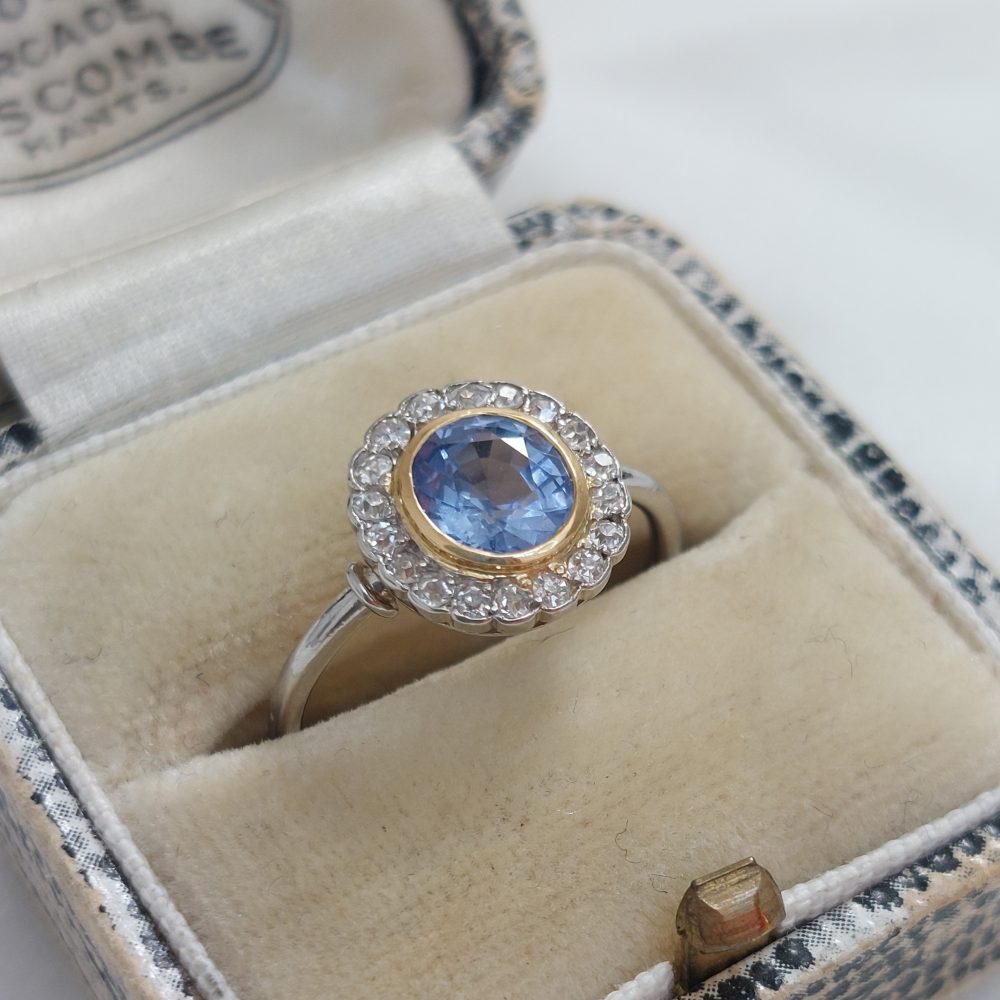 Art Deco French 1ct Sapphire and Diamond Cluster Ring