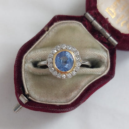 Art Deco French 1ct Sapphire and Diamond Cluster Ring