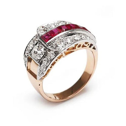 Art Deco French Ruby and Old Cut Diamond Buckle Ring by A.F. Souteyrand