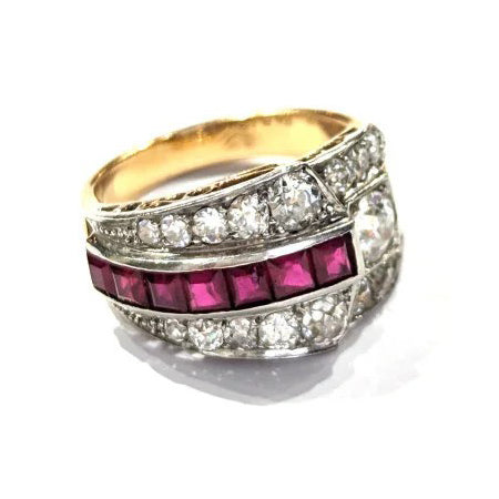 Art Deco French Ruby and Old Cut Diamond Buckle Ring by A.F. Souteyrand