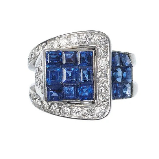 Art Deco French Sapphire and Diamond Buckle Ring