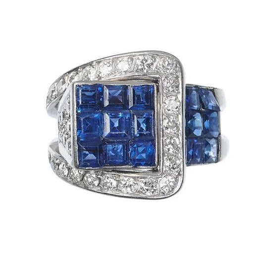 Art Deco French Sapphire and Diamond Buckle Ring