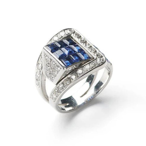 Art Deco French Sapphire and Diamond Buckle Ring in Platinum