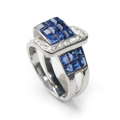 French Art Deco Sapphire and Diamond Buckle Ring in Platinum Circa 1930