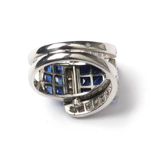 Art Deco French Sapphire and Diamond Buckle Ring in Platinum