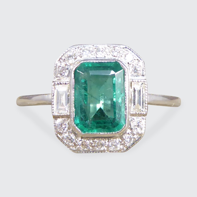 Art Deco Inspired 0.90ct Emerald and Diamond Cluster Ring