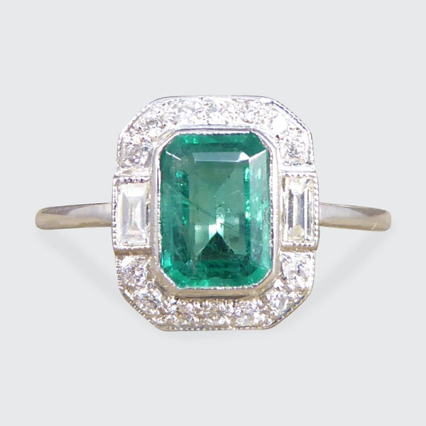 Art Deco Inspired 0.90ct Emerald and Diamond Cluster Ring