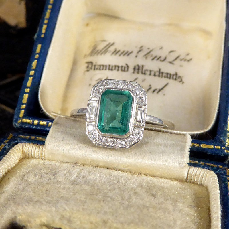Art Deco Inspired 0.90ct Emerald and Diamond Cluster Ring