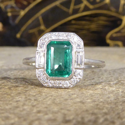 Art Deco Inspired 0.90ct Emerald and Diamond Cluster Ring