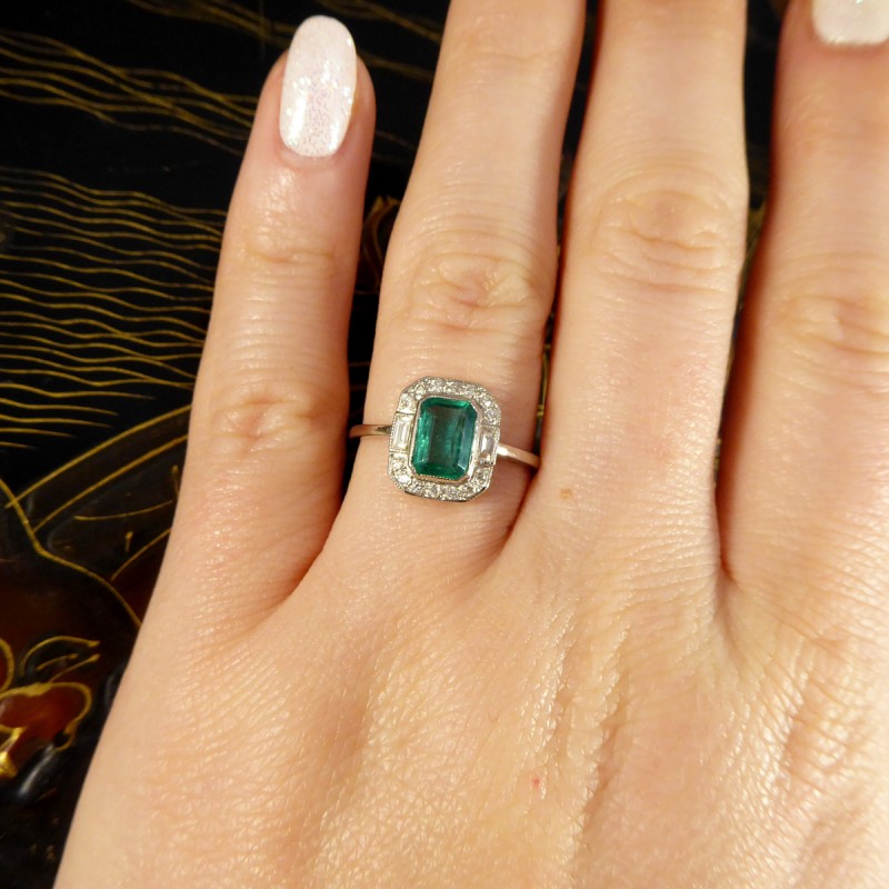 Art Deco Inspired 0.90ct Emerald and Diamond Cluster Ring