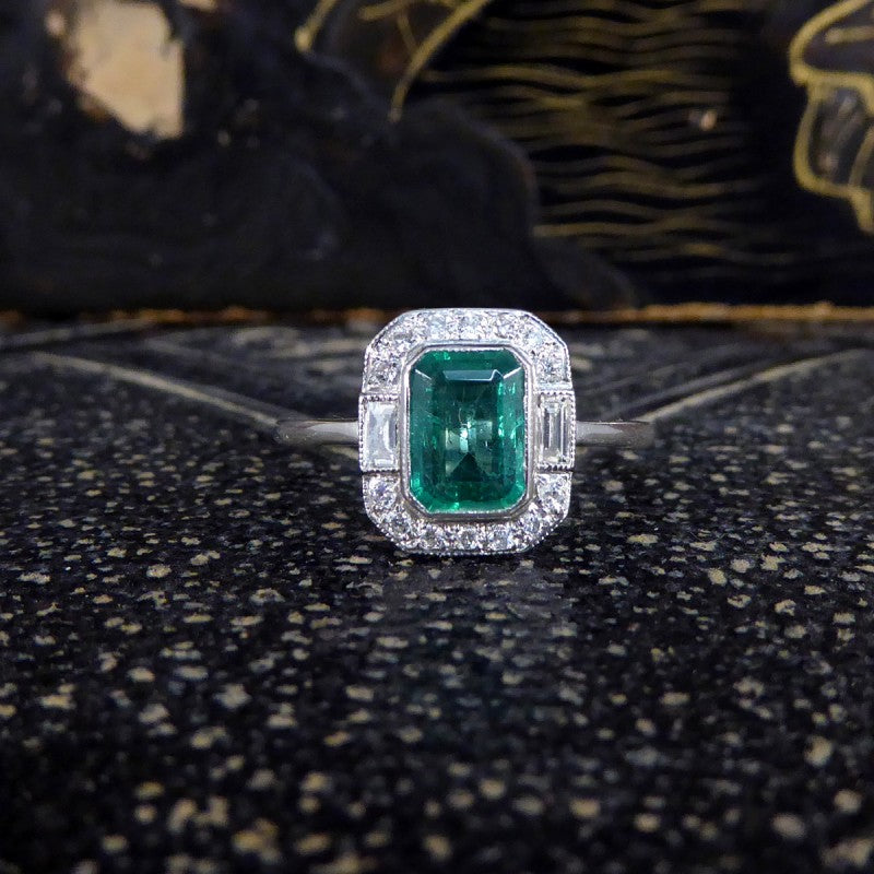 Art Deco Inspired 0.90ct Emerald and Diamond Cluster Ring