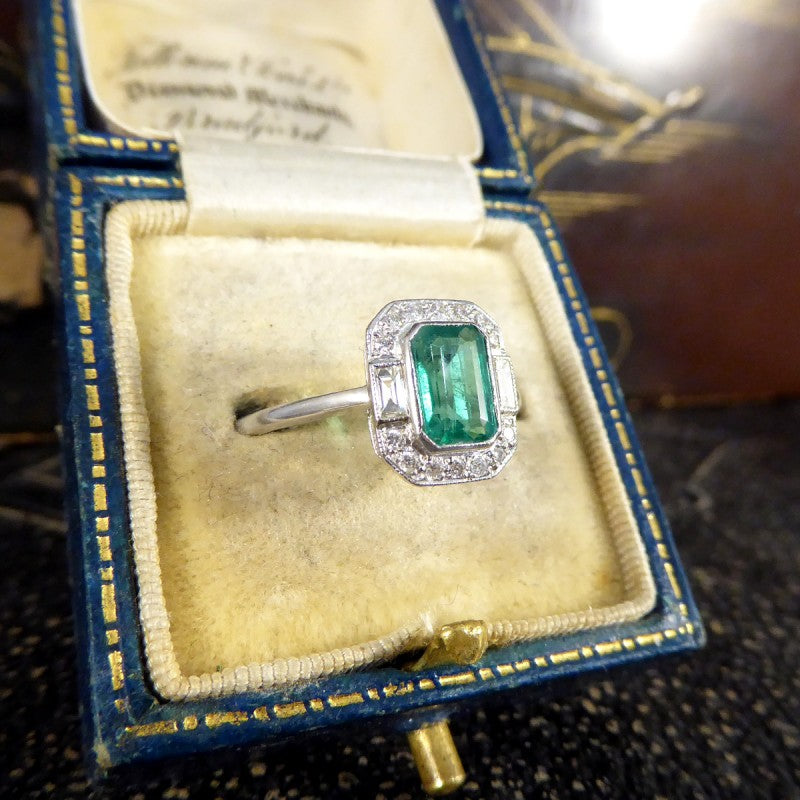 Art Deco Inspired 0.90ct Emerald and Diamond Cluster Ring