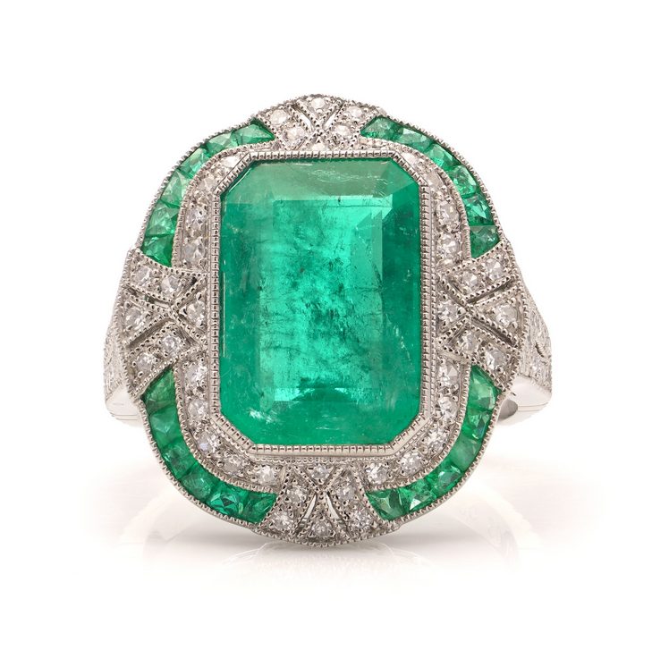Art Deco Inspired 4.21ct Emerald and Diamond Cluster Ring