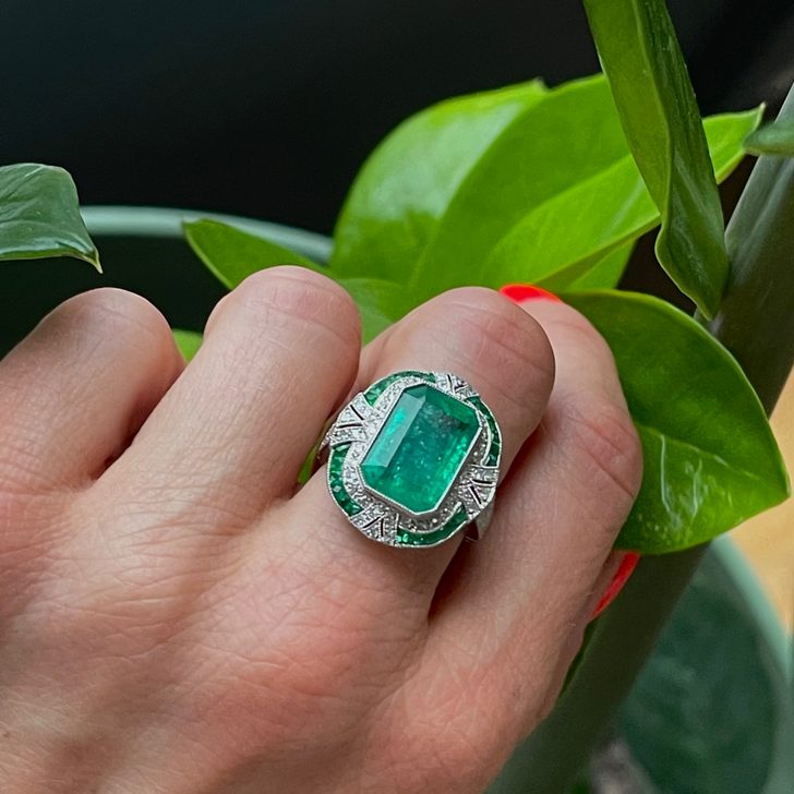 Art Deco Inspired 4.21ct Emerald and Diamond Cluster Ring