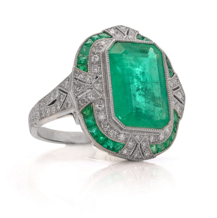 Art Deco Inspired 4.21ct Emerald and Diamond Cluster Ring