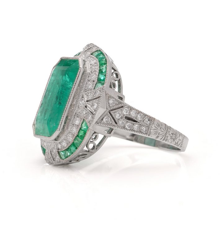 Art Deco Inspired 4.21ct Emerald and Diamond Cluster Ring