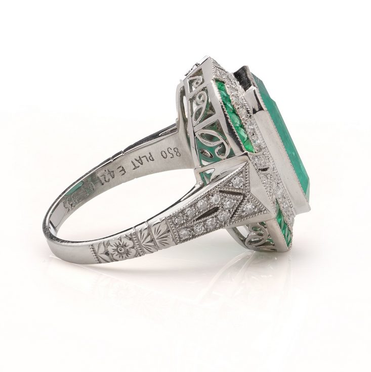 Art Deco Inspired 4.21ct Emerald and Diamond Cluster Ring