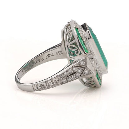 Art Deco Inspired 4.21ct Emerald and Diamond Cluster Ring