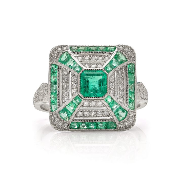 Art Deco Inspired Emerald and Diamond Cluster Ring