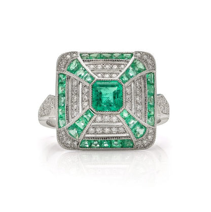 Art Deco Inspired Emerald and Diamond Cluster Ring
