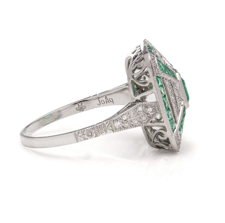 Art Deco Inspired Emerald and Diamond Cluster Ring