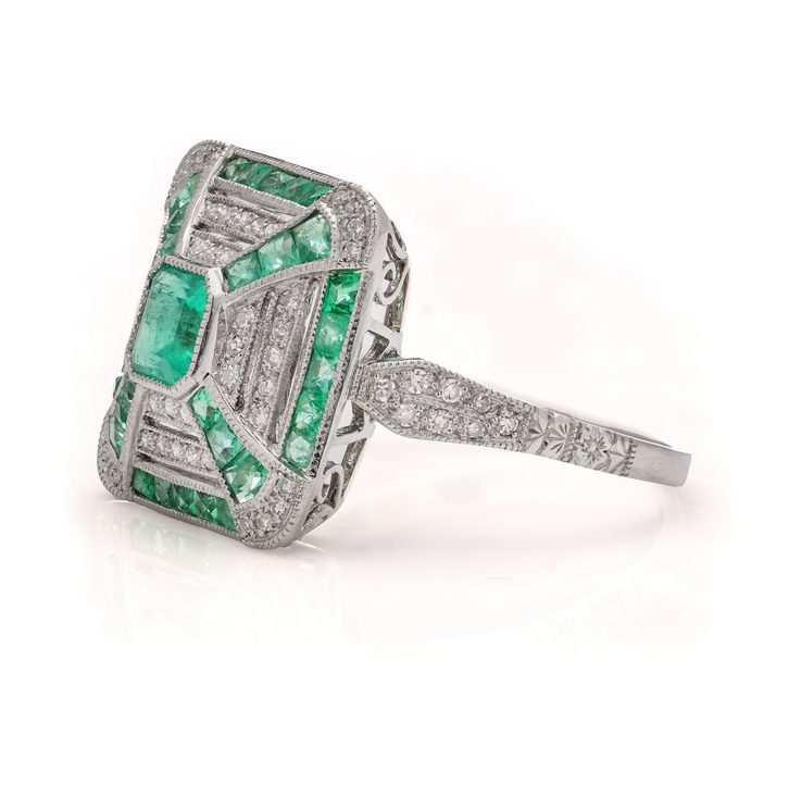 Art Deco Inspired Emerald and Diamond Cluster Ring