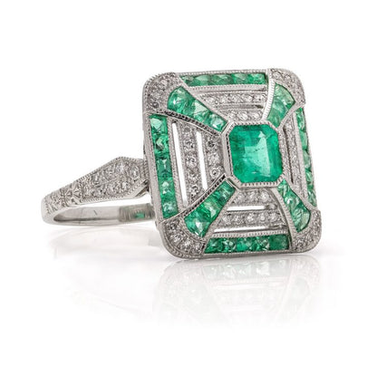 Art Deco Inspired Emerald and Diamond Cluster Ring