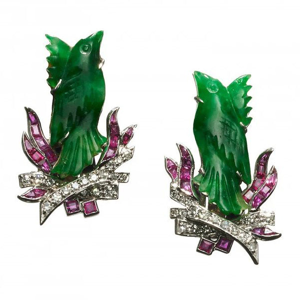 Art Deco Jade Ruby Diamond Platinum Phoenix Bird Earrings, jadeite jade carved Chinese phoenix birds perched on eight-cut diamond set branches with calibré cut ruby flames in platinum with white gold clip-on fittings