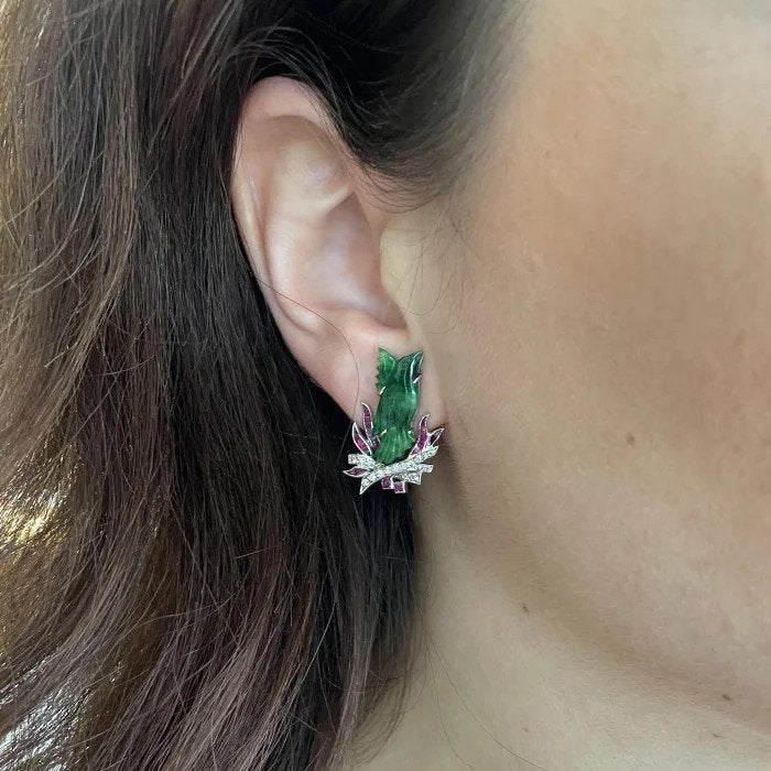Art Deco carved Jadeite Jade Phoenix Bird Clip on Earrings with Diamonds and Rubies