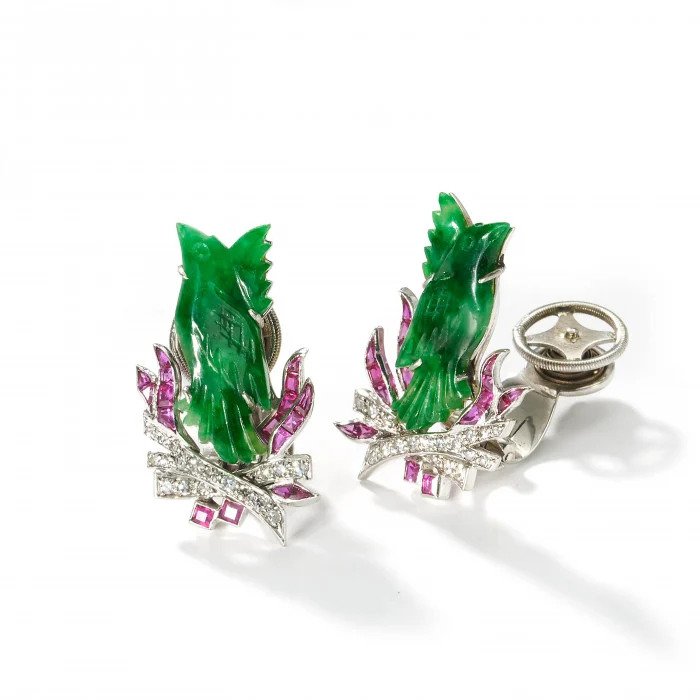 Art Deco Jade Ruby Diamond Platinum Phoenix Bird Clip On Earrings