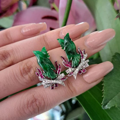 Art Deco Jade Ruby Diamond Platinum Phoenix Bird Earrings