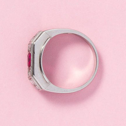 Art Deco Natural No Heat Burma Ruby and Old Cut Diamond Ring in Platinum