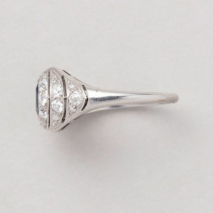 Art Deco Natural No Heat 1.01ct Cushion Cut Sapphire and Diamond Cluster Ring in Platinum