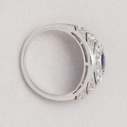 Art Deco Natural No Heat 1.01ct Cushion Cut Sapphire and Diamond Cluster Ring in Platinum