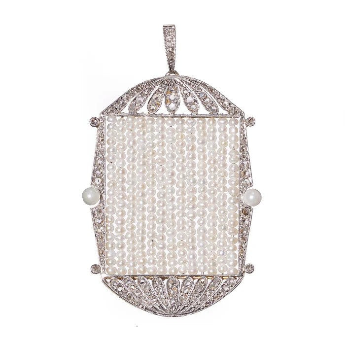 Art Deco Natural Pearl and Diamond Pendant in Platinum, central panel with seed pearl rows in rose cut diamond set frame with natural pearl to each side
