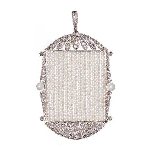 Art Deco Natural Pearl and Diamond Pendant in Platinum, central panel with seed pearl rows in rose cut diamond set frame with natural pearl to each side