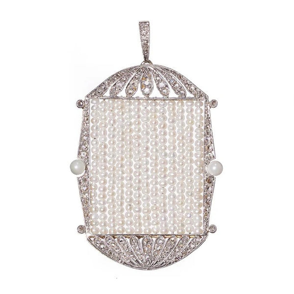 Art Deco Natural Pearl and Diamond Pendant in Platinum, central panel with seed pearl rows in rose cut diamond set frame with natural pearl to each side