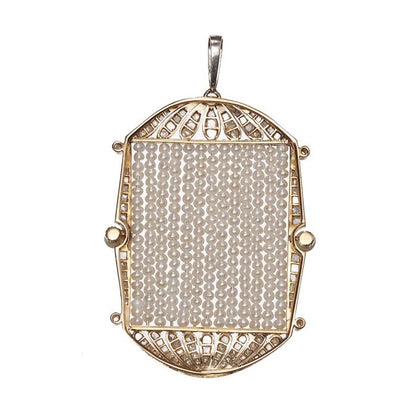 Art Deco Natural Pearl and Diamond Pendant in Platinum, central panel with seed pearl rows in rose cut diamond set frame with natural pearl to each side