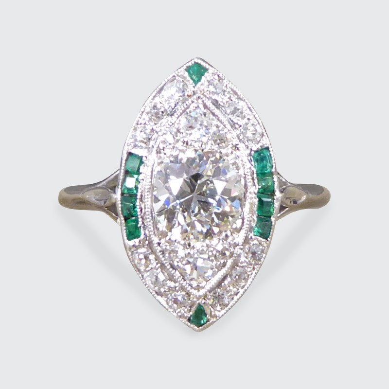 Art Deco Navette Shaped Diamond and Emerald Cluster Ring
