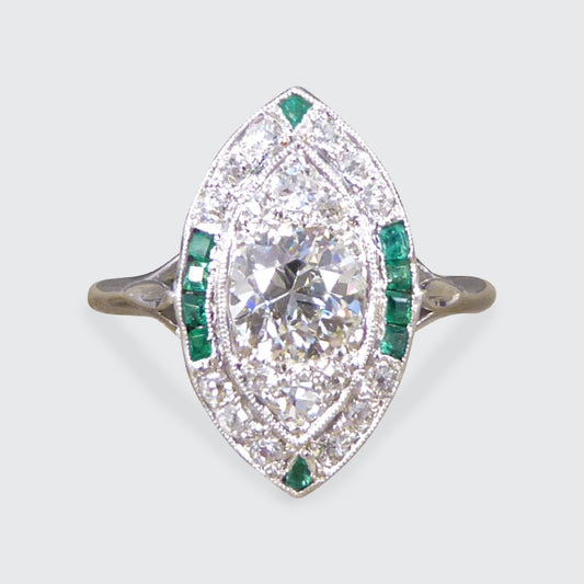 Art Deco Navette Shaped Diamond and Emerald Cluster Ring