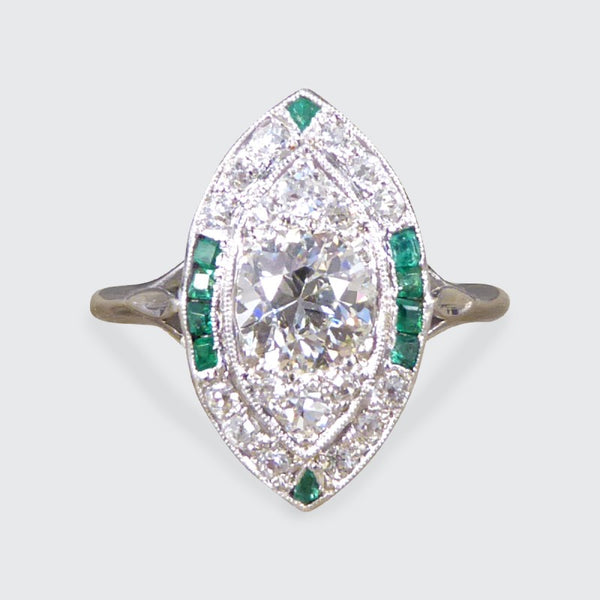 Art Deco Navette Shaped Diamond and Emerald Cluster Ring