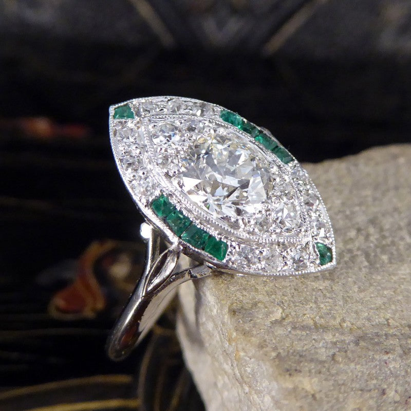 Art Deco Navette Shaped Diamond and Emerald Cluster Ring