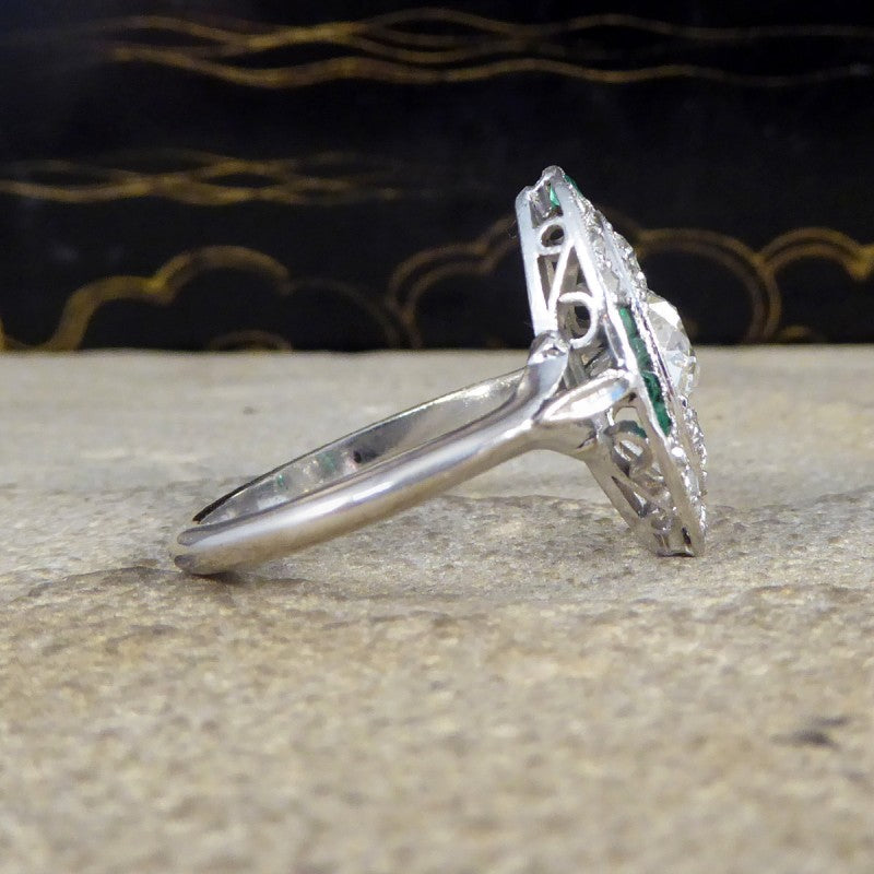 Art Deco Navette Shaped Diamond and Emerald Cluster Ring
