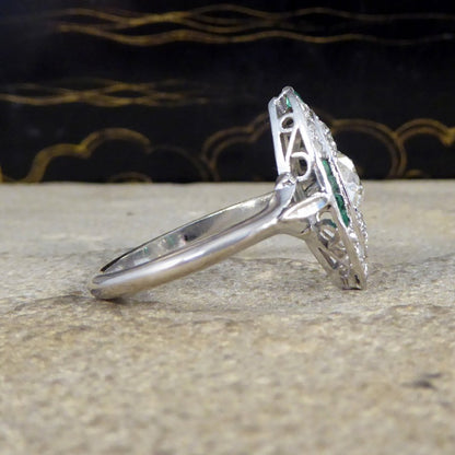 Art Deco Navette Shaped Diamond and Emerald Cluster Ring